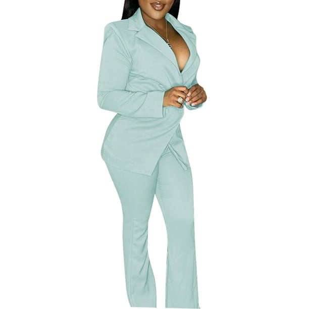 Conjunto de abrigo y pantalones de vestir para mujer, conjunto de 2 piezas,  color liso, ajustado, manga larga, abrigo de negocios, pantalones