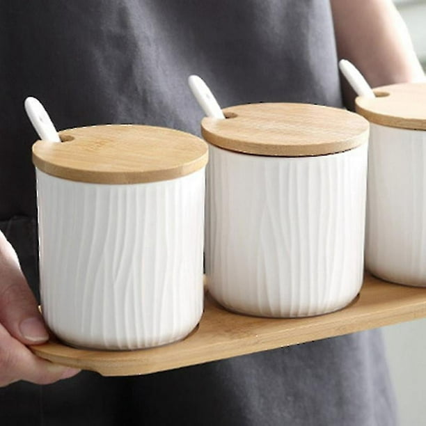 Kcasa - Salero y azucarero cocina blanco minimalista ceramica con tapa  madera español