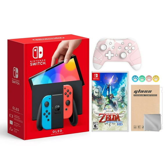 2021 new nintendo switch oled model neon red  blue joy con 64gb console hd screen  lanport dock with the legend of zelda skyward sword hd and mytrix wireless switch pro controller and accessories nintendo hegskabaa