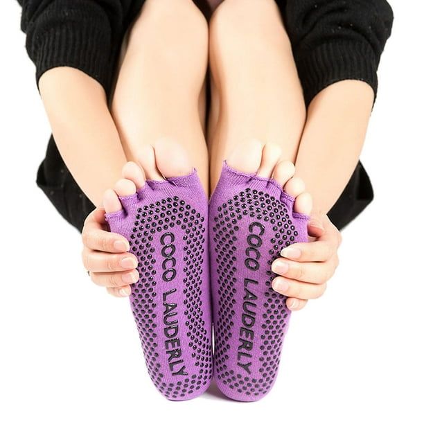 Calcetines de Yoga antideslizantes con empuñaduras de silicona para mujer,  medias tobilleras de cinco dedos sin dedos, Color sólido, para Ballet y  Pilates