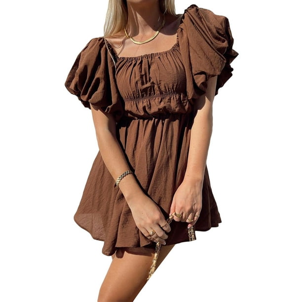 VISgogo, vestido informal de verano para mujer, vestido tipo túnica con  hombros descubiertos y manga corta abullonada elegante de Color sólido para