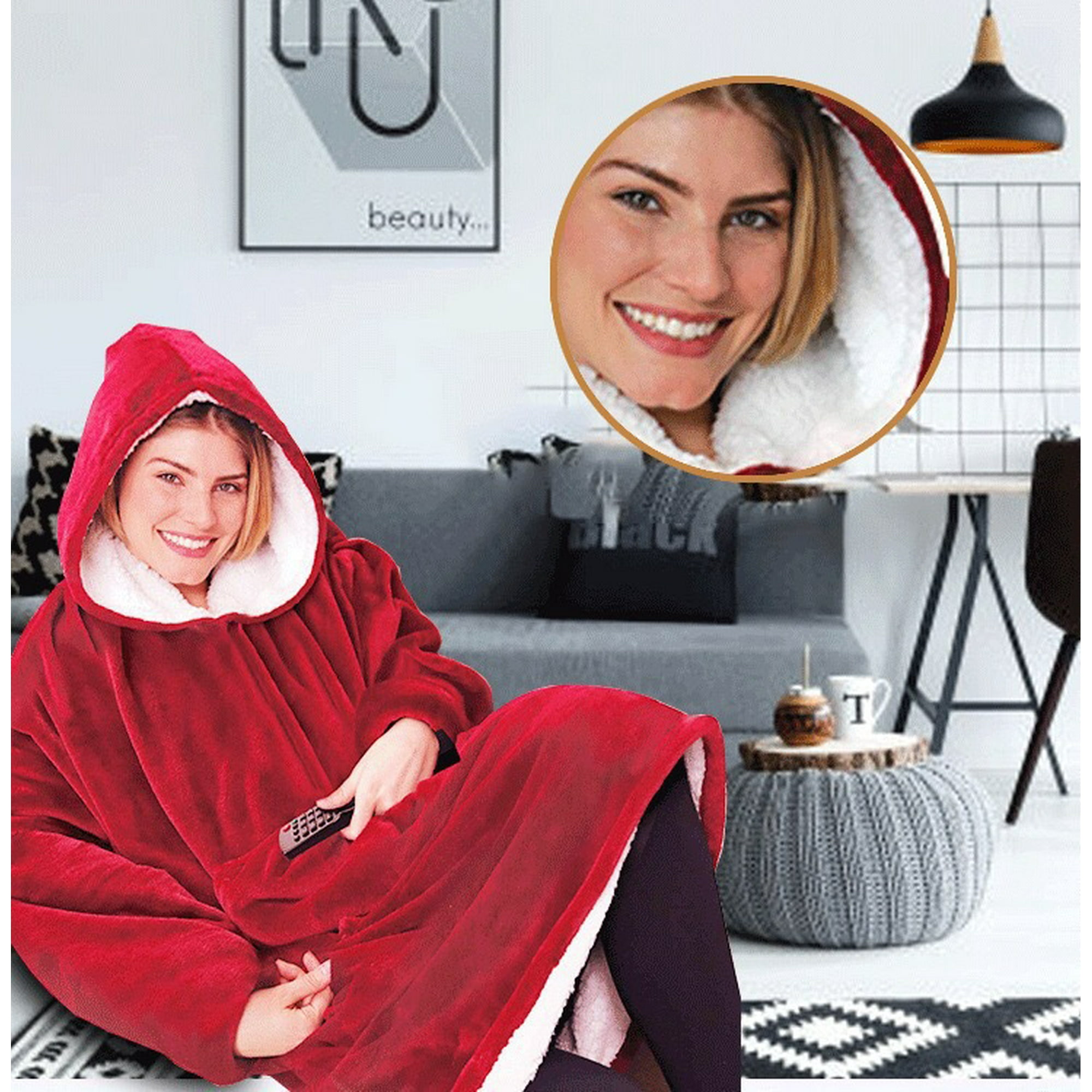 Sudadera con Capucha de Lana a Cuadros para Adultos con Manga Mujer Hombre  Manta con Capucha con Bolsillos portátiles en la Manga, Manta de Jersey a  Cuadros Sofá TV Invierno, 95x85 cm