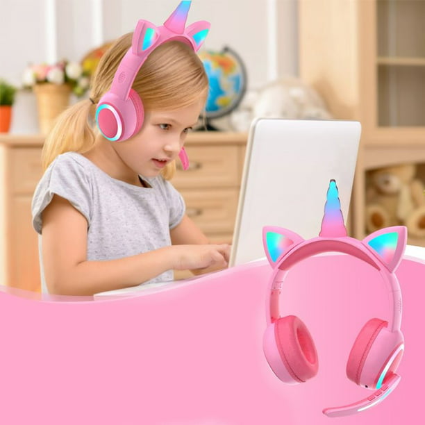 Auriculares Unicorn Kids para niñas, niños, adolescentes, auriculares  inalámbricos Bluetooth para niños con diadema ajustable, auriculares en la  oreja con micrófono/luz LED (rosa) TUNC Sencillez