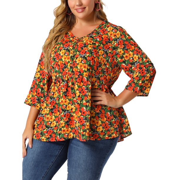 Blusas de talla grande para mujer, cuello en V, manga 3/4, parte trasera  elástica, gasa, ajuste relajado, blusa peplum floral con volantes Rojo  naranja 4XL Unique Bargains Blusa