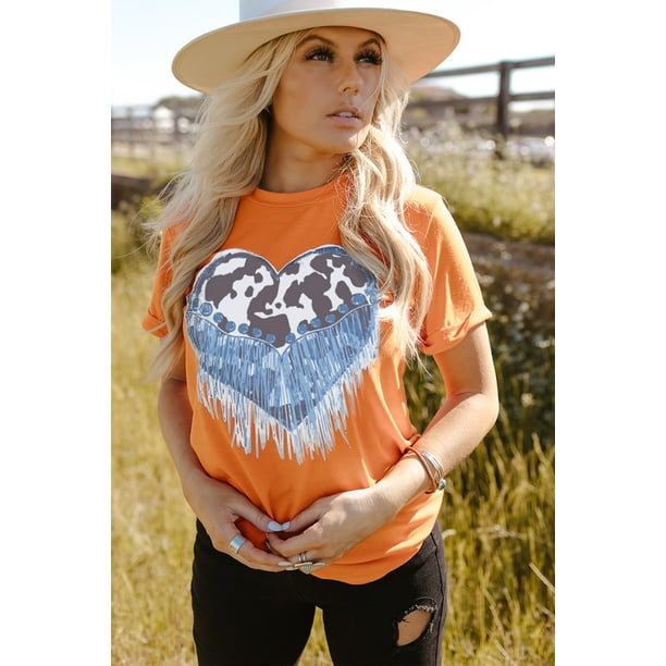 ABPHQTO Camiseta gráfica de manga corta con y estampado en forma de corazón de leopardo naranja para ABPHQTO | Bodega Aurrera en línea