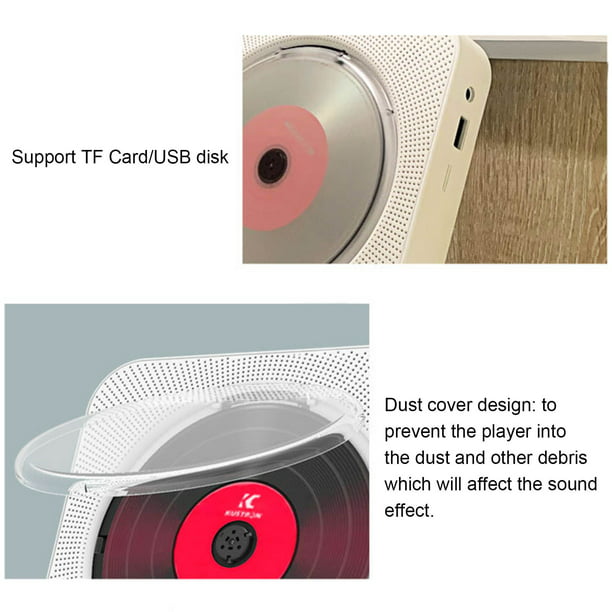 Reproductor de CD portátil con Bluetooth, reproductor de CD de montaje en  pared con cubierta antipolvo, radio FM, altavoces incorporados, puerto USB