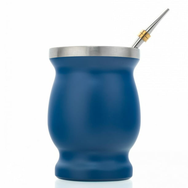 Set de Matera, vaso, bombilla y cepillo acero inoxidable Azul Brang Steel  Mate