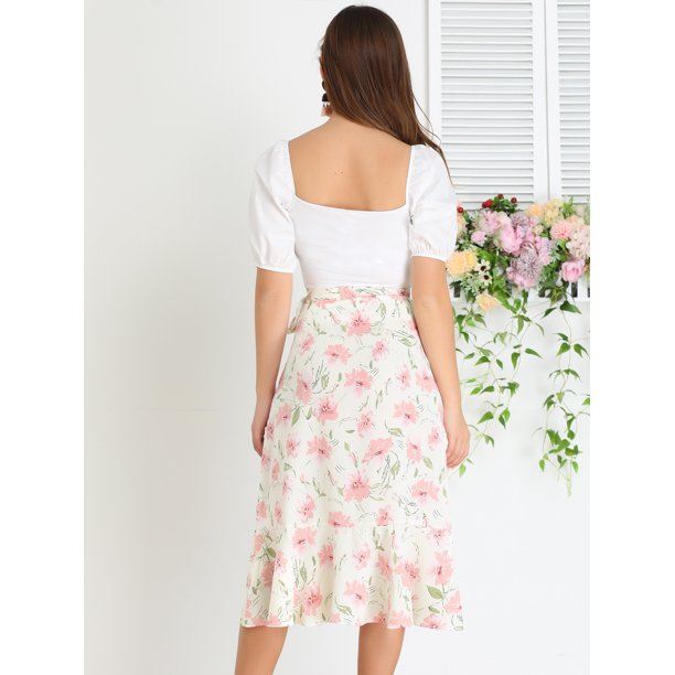 Falda midi cruzada con lazada blanca - Mujer