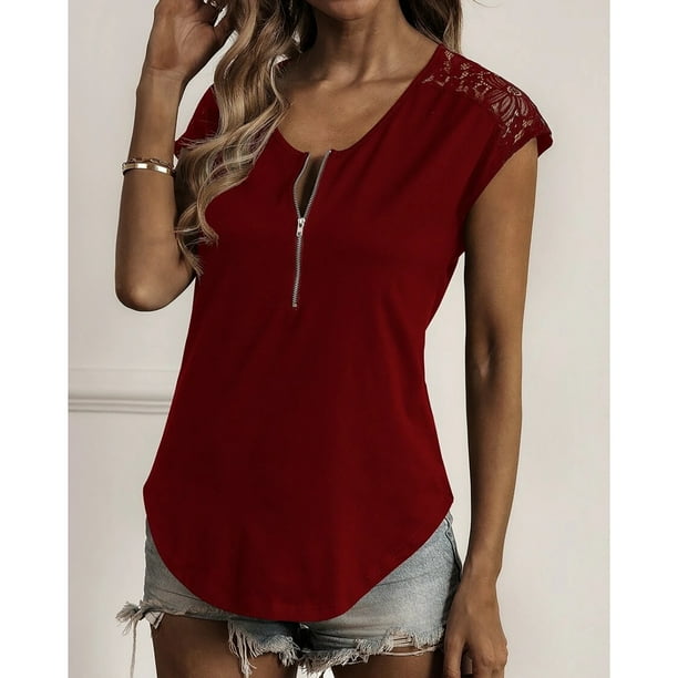  Basics - Ropa de mujer de manga corta para mujer, cuello en V,  estampado de rosa, manga corta, blusa de encaje, Rojo, XXL : Ropa, Zapatos  y Joyería