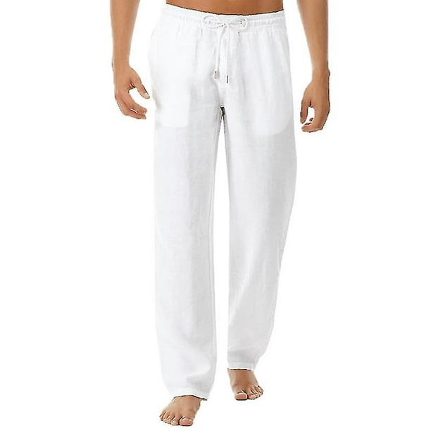 Pantalones de lino de algodón para hombre, pantalones de yoga de playa  informales con cintura elástica, blanco XXL ER
