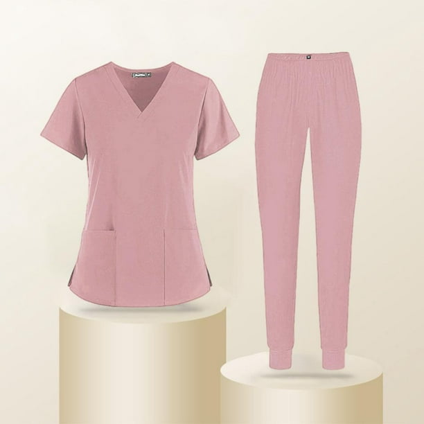 Camiseta de uniforme médico para mujer, color sólido, blusa de manga corta,  cuello en V, bolsillo, ropa de trabajo