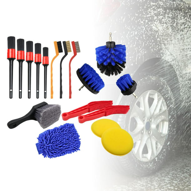 20 Kit de limpieza de coche con cepillo para llantas de coche, cepillo de  taladro, guante de microfibra, paño de microfibra para coche, cepillo de  alambre para limpieza interior del coche Rojo