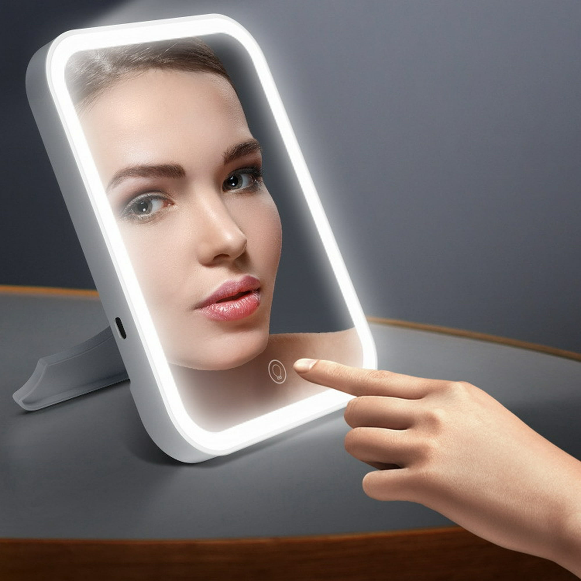  Espejo de maquillaje con pantalla táctil, espejo de tocador con  luces, espejos de maquillaje portátiles con brillo LED, espejo ajustable  con USB recargable : Belleza y Cuidado Personal
