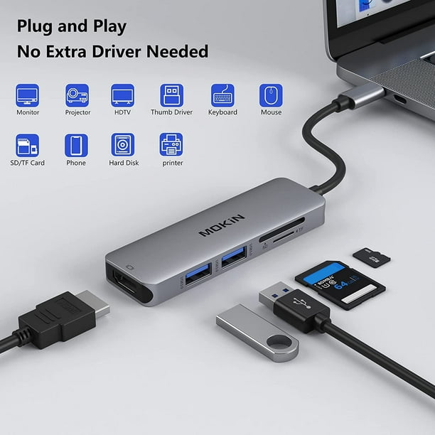 Adaptador HDMI USB C Hub para MacBook Pro 2019/2018/2017, MOKiN 5 en 1  Dongle USB-C a HDMI, lector de tarjetas Sd/TF y 2 puertos USB 3.0
