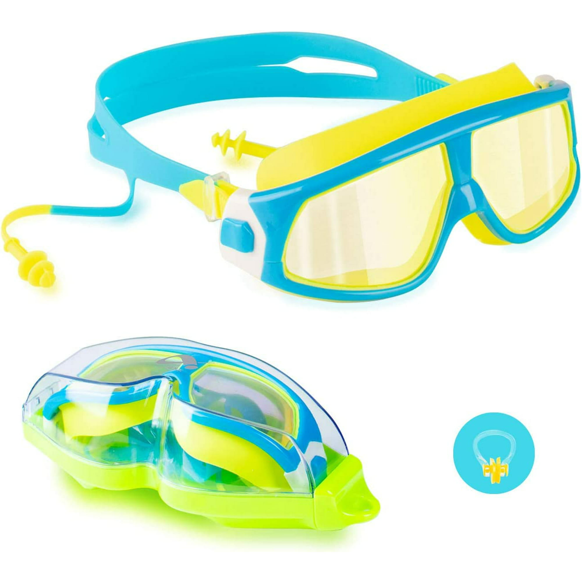 Gafas de natación para niños con tapones para los oídos, protección uv  antivaho con estuche de almacenamiento para niños, niñas y adolescentes de  3 a 15 años