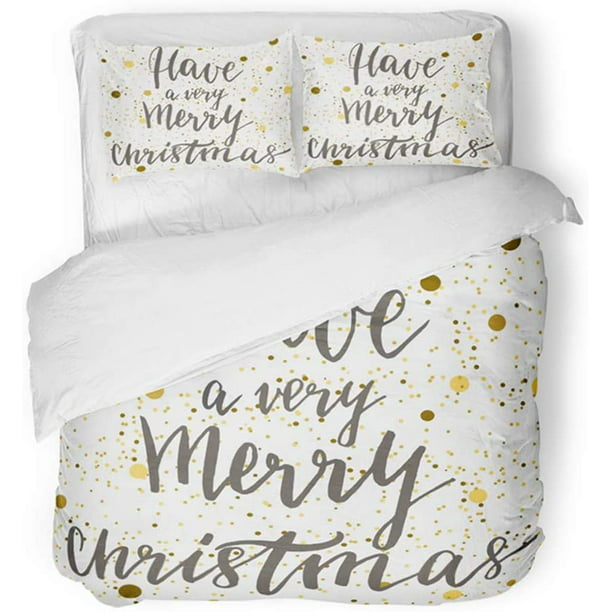 ABPHQTO de ropa de cama de 3 piezas Diseño de texto con letras Have Very Merry Christmas con copos de nieve dorados y confeti Funda nórdica con 2 fundas de almohada