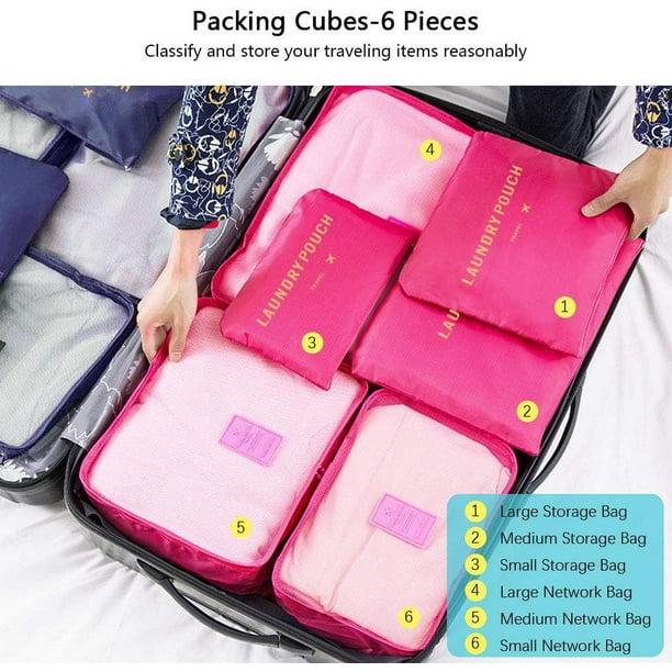 Juego de organizadores de equipaje 6 en 1 para viajes, diferentes tamaños  de cubos Almacenamiento de bolsas de viaje impermeables, organizadores de  maletas de nailon 3 cubos + 3 bolsas de viaje