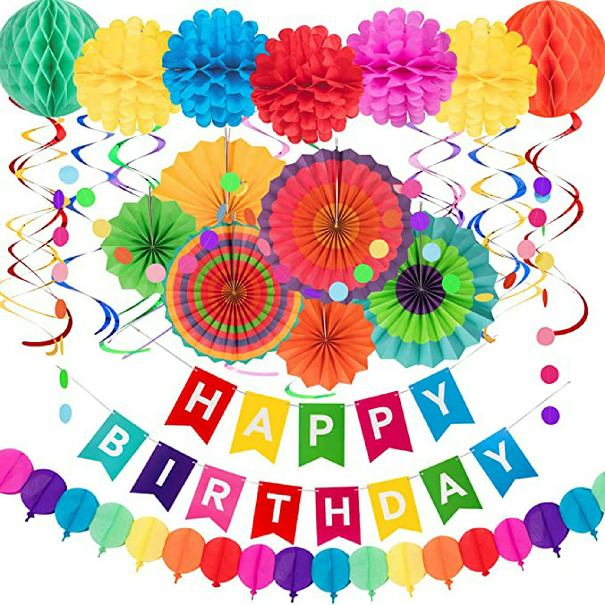 Cartel de feliz cumpleaños con bandera de papel de colores, banderines de  papel, guirnalda de confeti circular, serpentinas en espiral, bola de nido  de abeja para fiesta de cumpleaños TUNC Sencillez