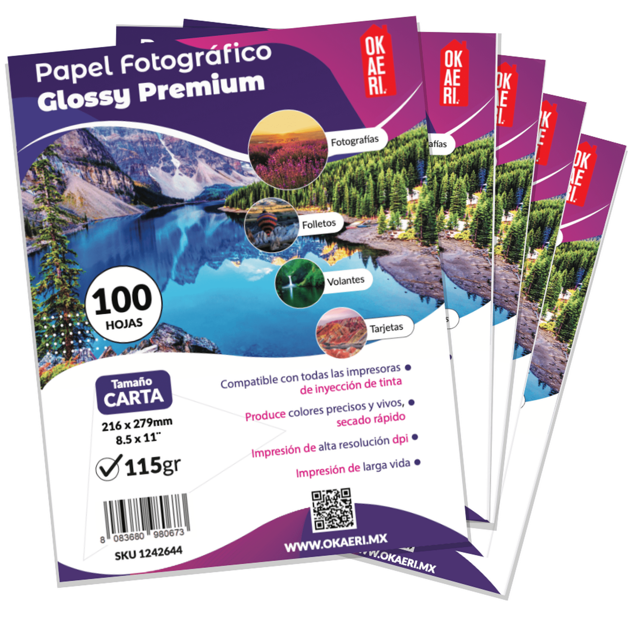 500 hojas papel fotografico 115g carta glossy okaeri 279x216mm pack