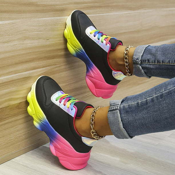 Zapatos de plataforma informales con cordones para mujer, zapatillas  deportivas de cuero PU, zapatos planos gruesos