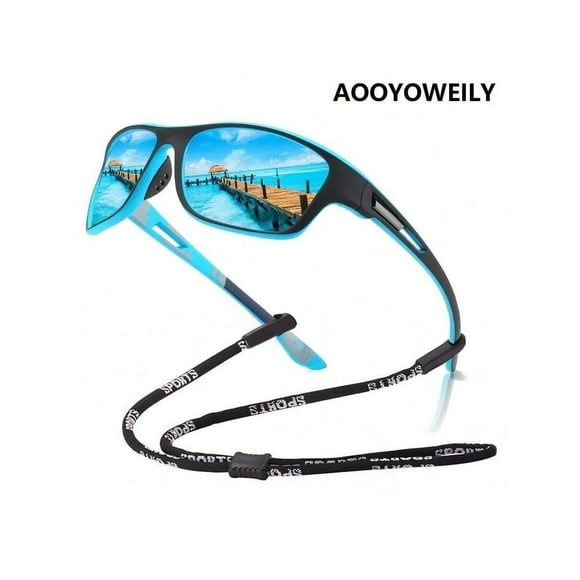 a pair of black polarized sport sunglasses with a sport strap fashionable design suitable for both men and women perfect for outdoor activities such as cycling running fishing hiking skiing mot