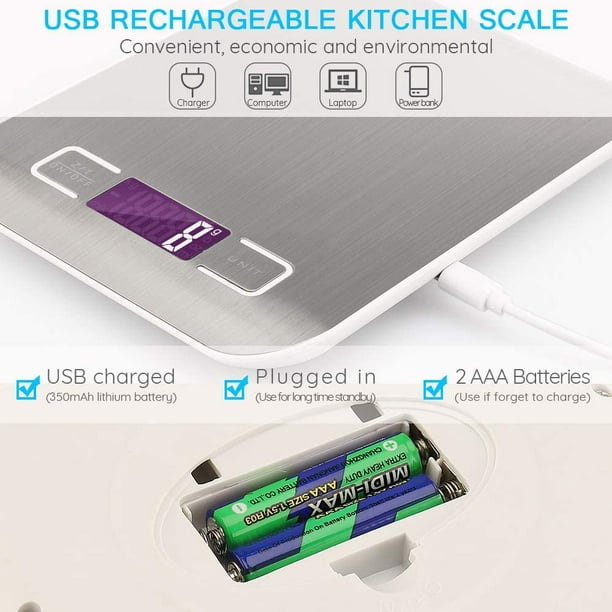 Báscula de cocina electrónica recargable por USB de 10kg/1g, báscula de  cocina Digital de acero inoxidable con pantalla retroiluminada, peso de  tara