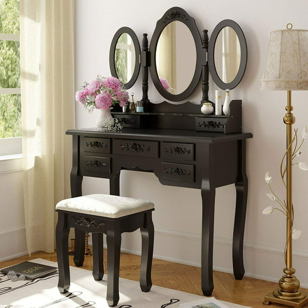 Taburete de tocador suave – negro – Cómoda silla de maquillaje y taburete  para mujer y niña tocador para el hogar, salón de belleza