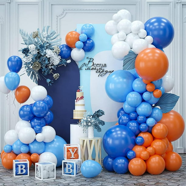 Kit de guirnalda de globos de 128 piezas de suministros para fiesta de  cumpleaños azules, naranjas, amarillos, blancos, huesos, globos de pata de