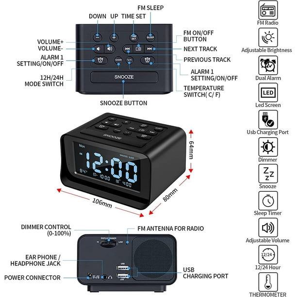 Radio Reloj con Alarma Dual, Reloj Despertador Digital con 2 Puertos de  Carga USB, 0-100% Regulable, Volumen Ajustable, Termómetro Interior  (Blanco)