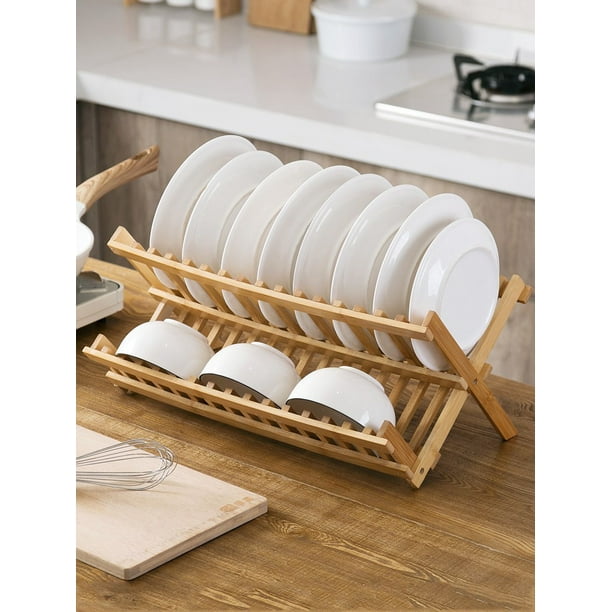 KOZY - Escurridor de platos hecho a mano, soporte para platos de bambú  natural, acabado de madera, sostiene platos, tazones, tazas, tazas y tabla  de