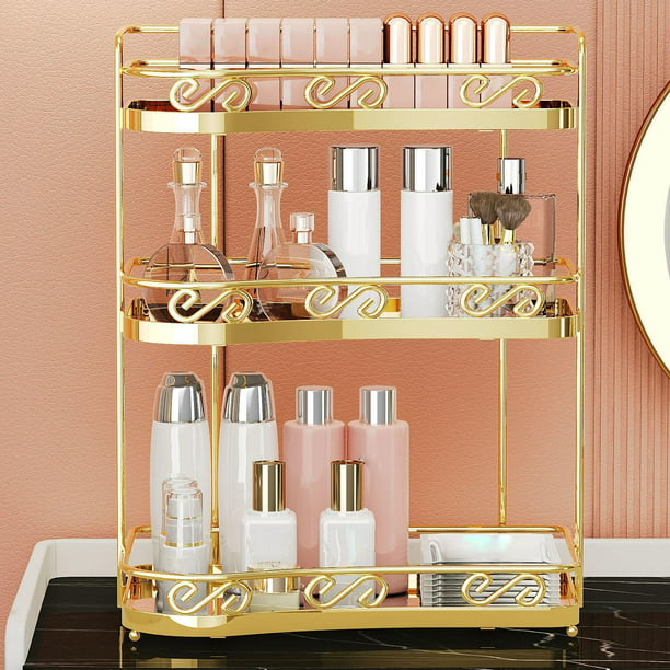 Organizador de maquillaje, vitrina de almacenamiento de cosméticos  ajustable giratoria de 360 grados con 2 capas de gran capacidad, vidrio  dorado