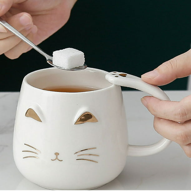 Home-X Taza de cerámica con diseño de gato blanco 3D con tapa desmontable,  bonita taza, regalo para amantes de los gatos, taza de café para mujeres