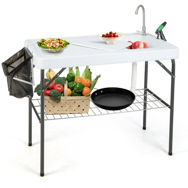 PETSITE Mesa de limpieza de peces, fregadero portátil para acampar con  grifo, mesa de lavado plegable de picnic al aire libre, color blanco
