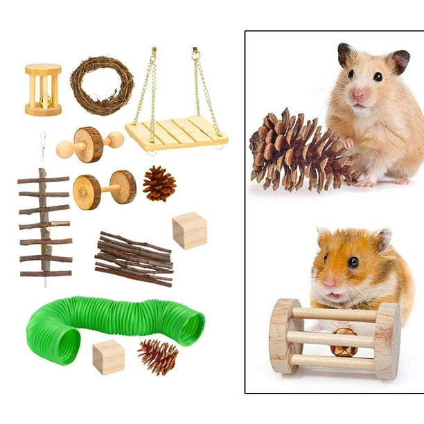 12 paquetes de juguetes Chinchil hámster, juguete para masticar conejo  ruedas de ejercicio, madera d Sunnimix Juguetes de conejillo de indias