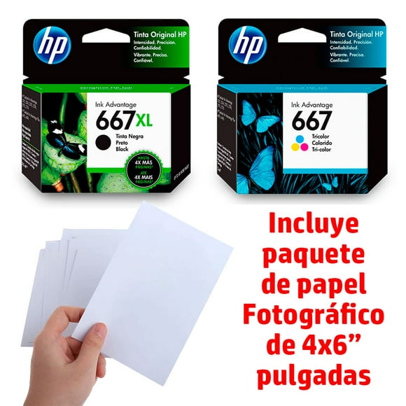 combo de 2 cartuchos de tinta hp 667 xl negra  667 tricolor  paquete de papel foto hp 3ym81al  3ym78al