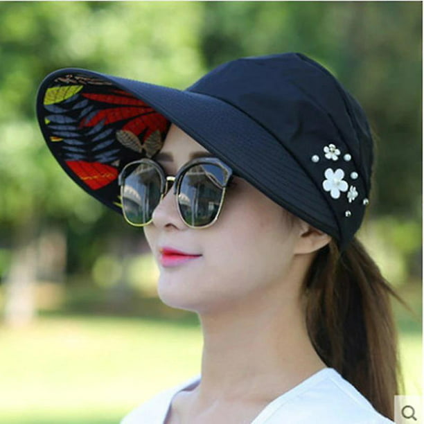 Sombreros de sol plegables para mujer Protección UV Gorras de ala ancha con  decoración de perlas Sombreros de cola de caballo de playa al aire libre
