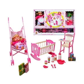 Muñeca con Accesorios The Baby Shop Incluye una cuna, silla alta y carriola Rosa -