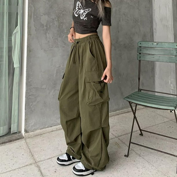 Pantalones cargo de pierna ancha para mujer, estilo hip hop, color