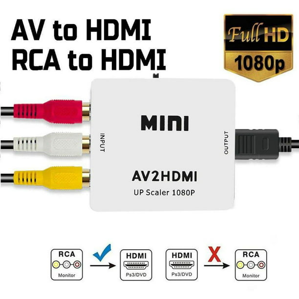 Convertidor Adaptador AV RCA a HDMI 1080p Full HD Video Blanco
