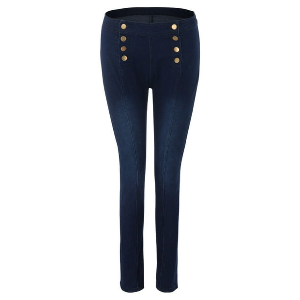 Gibobby Jeans pantalones de mujer Vaqueros ajustados con botones cruzados  de cintura alta para mujer(Azul oscuro,G)