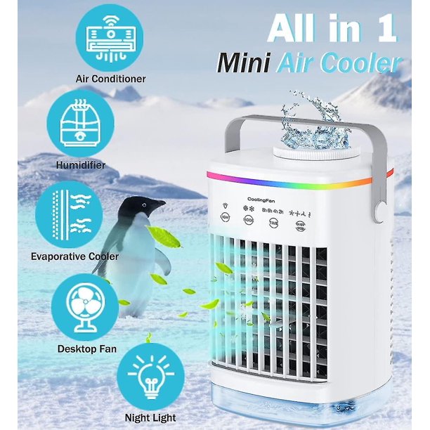  Aire acondicionado portátil, enfriador de aire evaporativo 4 en  1, mini enfriador de aire personal con 3 velocidades de viento y 3 niebla  fría y temporizador de 2 a 4 horas