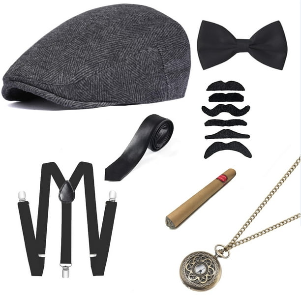 Juego de accesorios para hombre Gatsby Gangster de la década de 1920,  sombrero de Panamá, tirantes, pajarita JAMW Sencillez