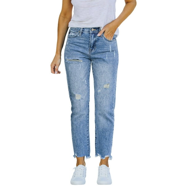Gibobby Jeans dama cintura alta Pantalones elásticos de talle con pierna  recta y rotos para mujer(Azul celeste,XL)