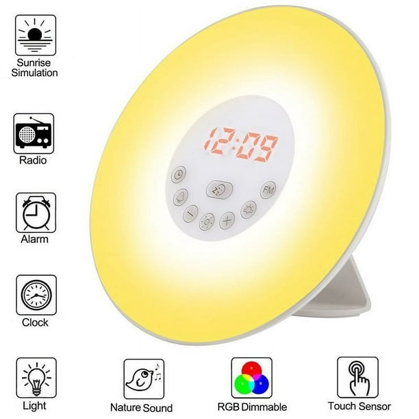 Reloj despertador con luz de amanecer, alarma de luz con simulación de  amanecer/atardecer, alarmas duales y función de repetición, lámpara de  atmósfera de 7 colores, puerto de carga de teléf