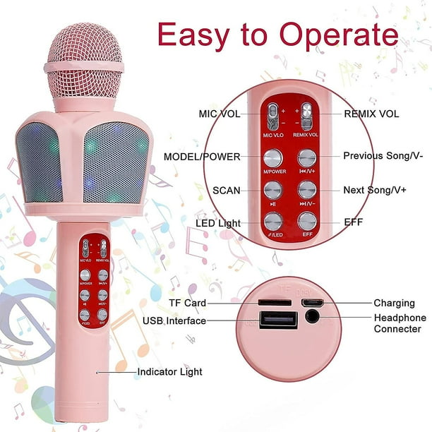 Máquina de karaoke para niños, micrófono inalámbrico Bluetooth, juguetes  para cantar, regalo para niñas de 4 a 15 años, altavoz portátil 5 en 1 que  cambia de voz con luces LED, regalo