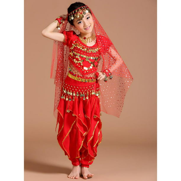 5/conjunto traje de danza del vientre para niñas, pantalones, carnaval indio, niños rojo Traje de danza del vientre | Walmart en línea