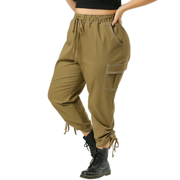 Pantalones Cargo Con Bolsillos Cintura Elástica Con Cordón Talla Grande  Para Mujer Caqui XXL Unique Bargains Pantalones