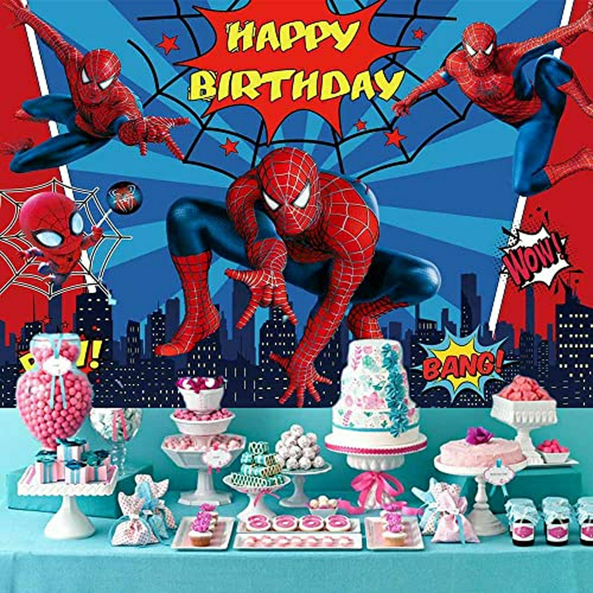 Telones de fondo de fotografía de Spiderman de 8 x 6 pies con temática de  ciudad de superhéroes, fondo de fotos para niños, feliz cumpleaños