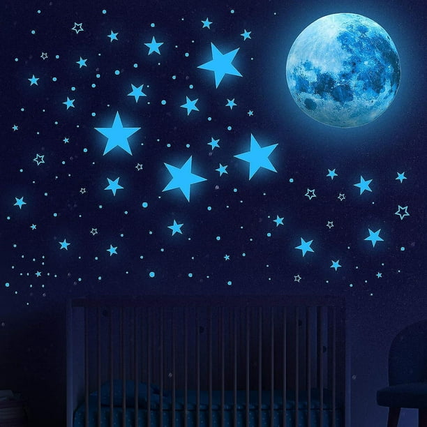  Estrellas que brillan en la oscuridad para techo, 145 piezas de  decoración de pared de luna creciente brillante, decoración de pared para  sala de estar de niños, calcomanías de estrellas y