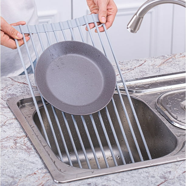 Escurridor de platos enrollable sobre el fregadero, escurridor de platos  enrollable, tapete plegable de acero inoxidable para fregadero de cocina